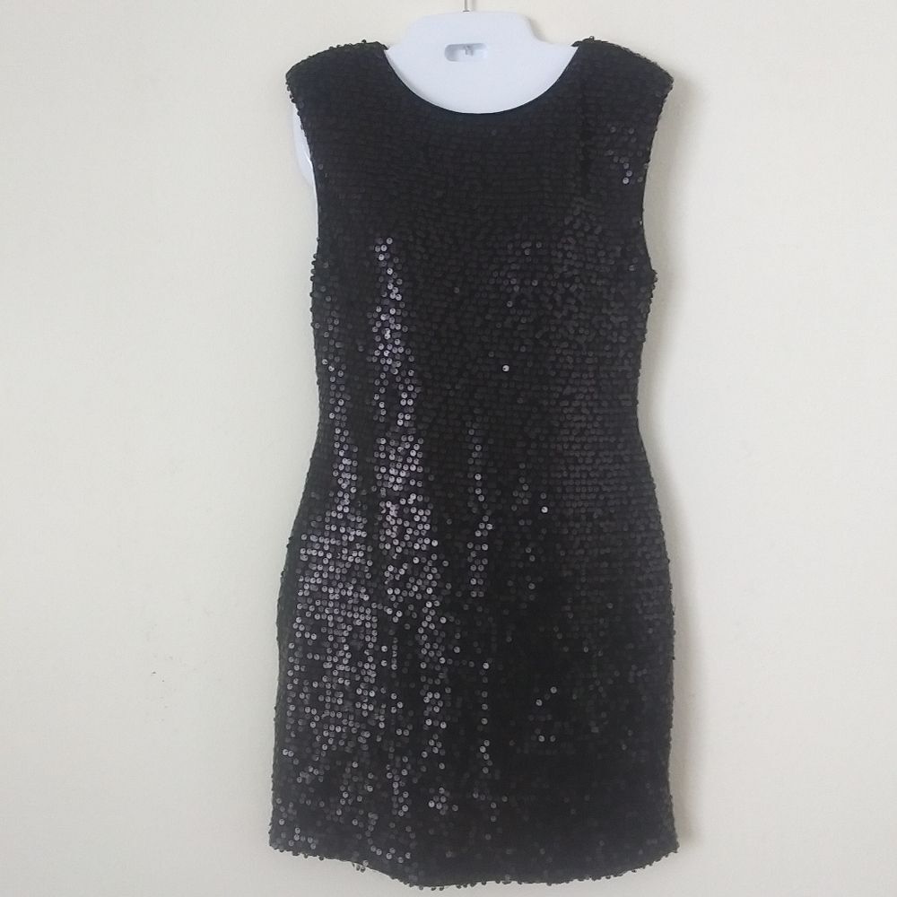 As U Wish Black Sequin Mini Dress, Large, Back Cutout Stretch Shoulder Pads HOCO
